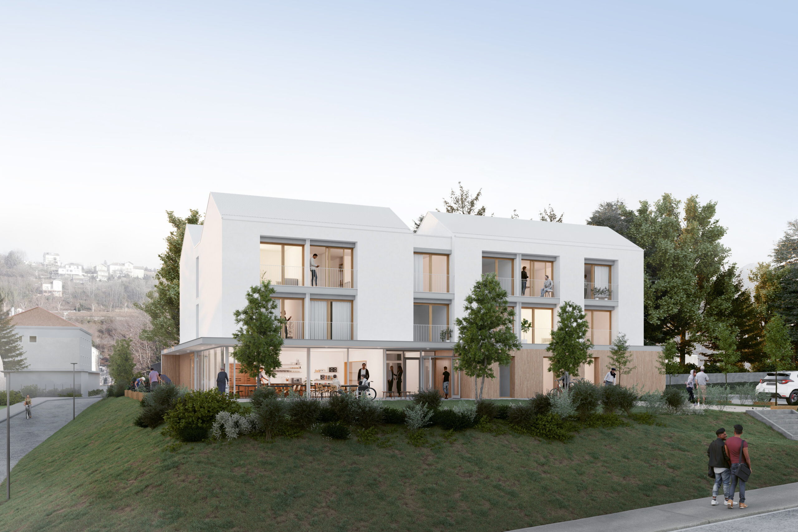 Perspective extérieure réalisée par Archisuperstory | Construction de 25 logements en pension de famille à Coublevie (38) | Projet réalisé par INDY ARCHITECTES